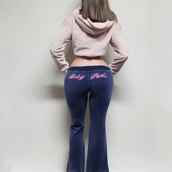 Vintage 90s Baby Phat Blue Velour Hot Pink Embroidered Low Rise Flare Track Pant - Picture 3 of 10